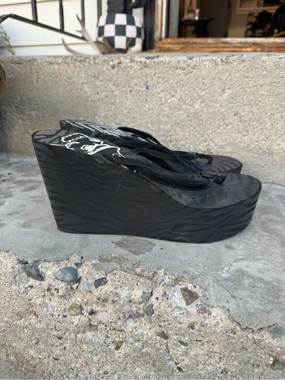 Black Platform Flip Flop Sandals with Zebra Print - metal mulisha